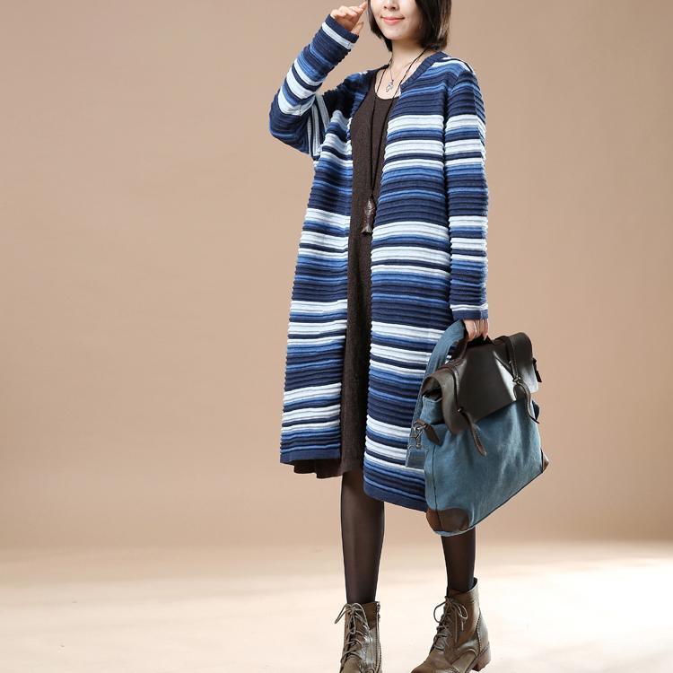 Blue striped knit cardigans woman plus size sweaters coats - Omychic