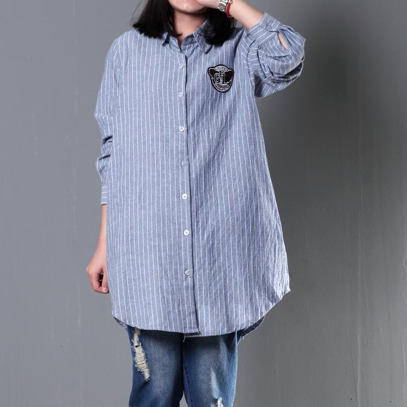 Blue striped women spring blouse long sleeve shirt cotton top oversize - Omychic