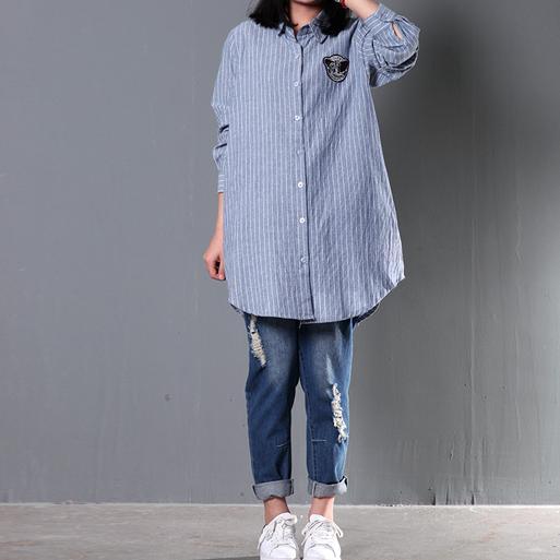 Blue striped women spring blouse long sleeve shirt cotton top oversize - Omychic