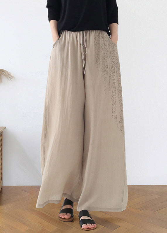 Bohemian Apricot Embroideried Pockets Linen Wide Leg Pants Fall