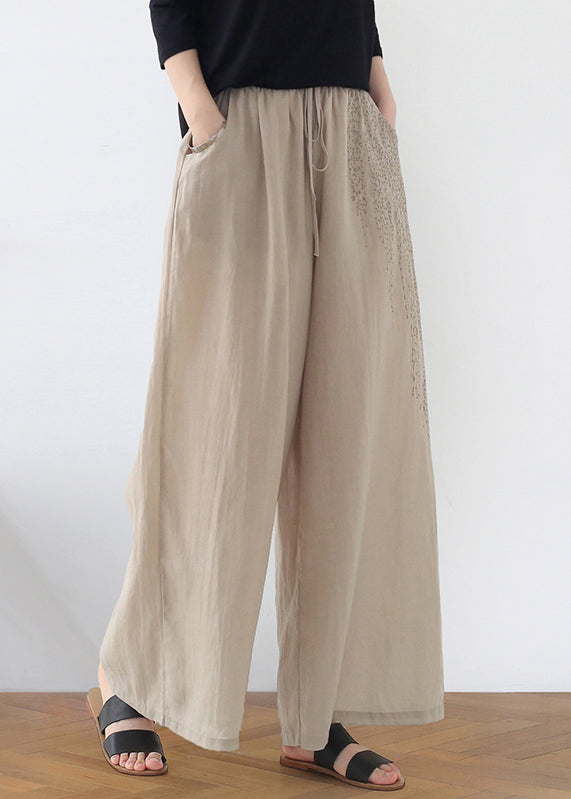 Bohemian Apricot Embroideried Pockets Linen Wide Leg Pants Fall