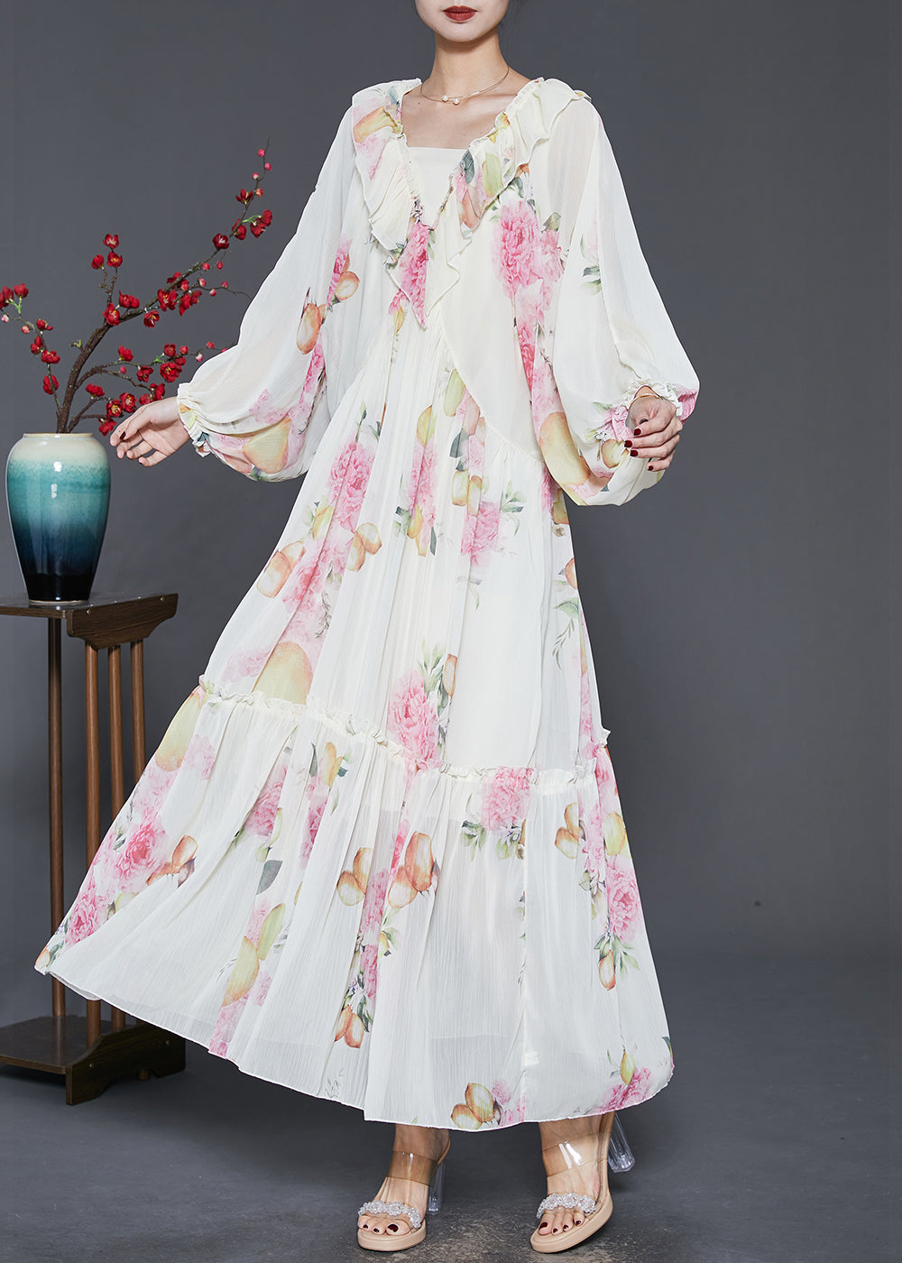 Bohemian Apricot Ruffled Print Chiffon Long Dresses Spring