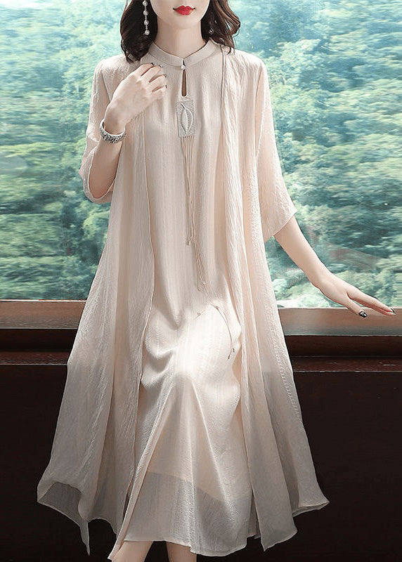 Bohemian Apricot Stand Collar Button Linen Maxi Dress Long Sleeve