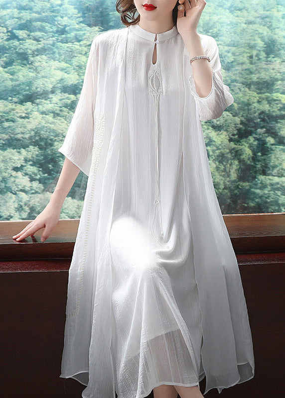 Bohemian Apricot Stand Collar Button Linen Maxi Dress Long Sleeve