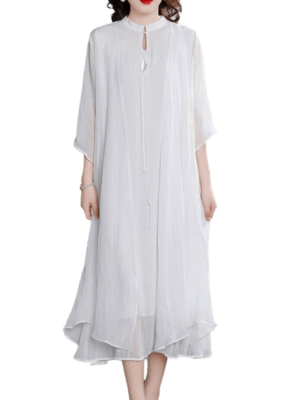 Bohemian Apricot Stand Collar Button Linen Maxi Dress Long Sleeve