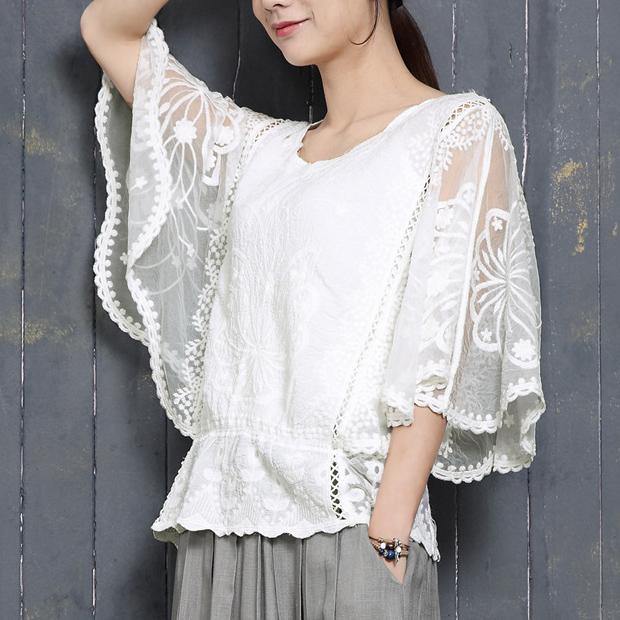 Bohemian Batwing Sleeve cotton clothes Fabrics white o neck blouse summer - Omychic