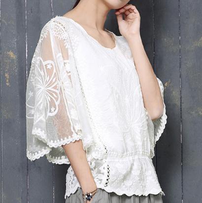 Bohemian Batwing Sleeve cotton clothes Fabrics white o neck blouse summer - Omychic