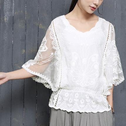 Bohemian Batwing Sleeve cotton clothes Fabrics white o neck blouse summer - Omychic