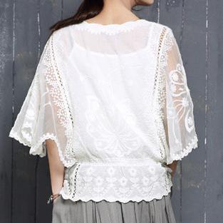 Bohemian Batwing Sleeve cotton clothes Fabrics white o neck blouse summer - Omychic