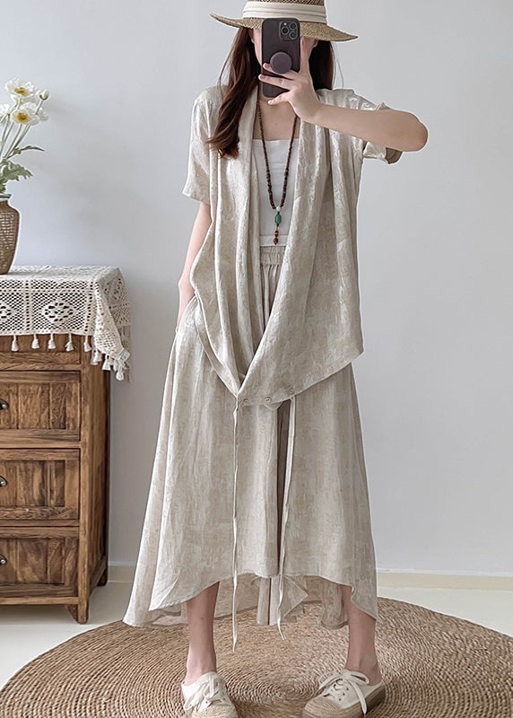 Bohemian Beige Asymmetrical Jacquard Cotton Two Pieces Set Fall