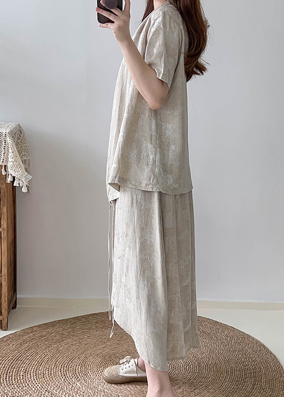 Bohemian Beige Asymmetrical Jacquard Cotton Two Pieces Set Fall