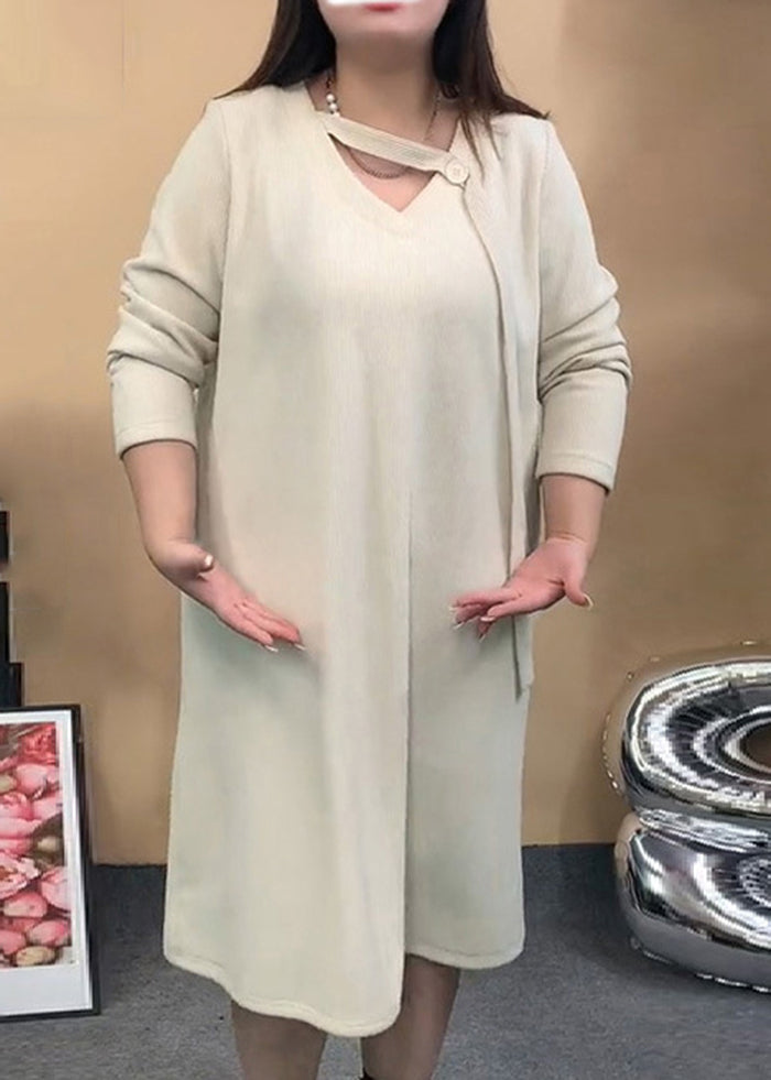 Bohemian Beige Oversized Asymmetrical Warm Fleece Dresses Fall