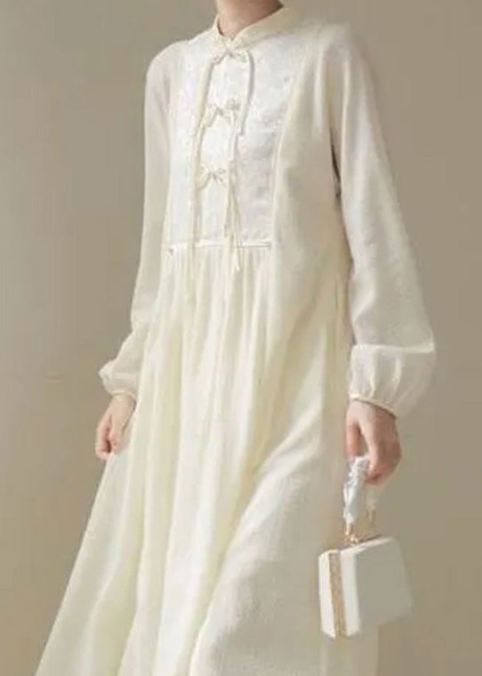 Bohemian Beige Stand Collar Patchwork Button Solid Long Dress Long Sleeve