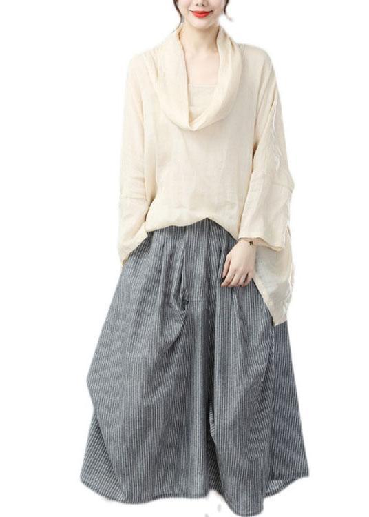 Bohemian Beige Turtle Neck Batwing Sleeve Fall Blouses - Omychic