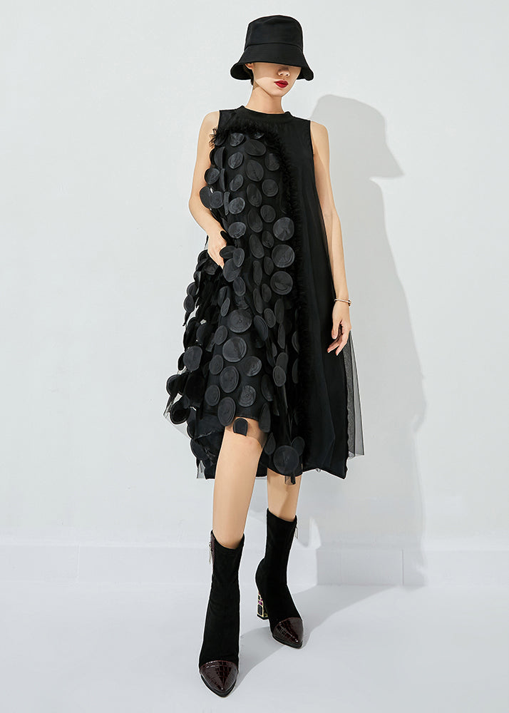 Bohemian Black Asymmetrica Patchwork Wrinkled Tulle Maxi Dress Sleeveless
