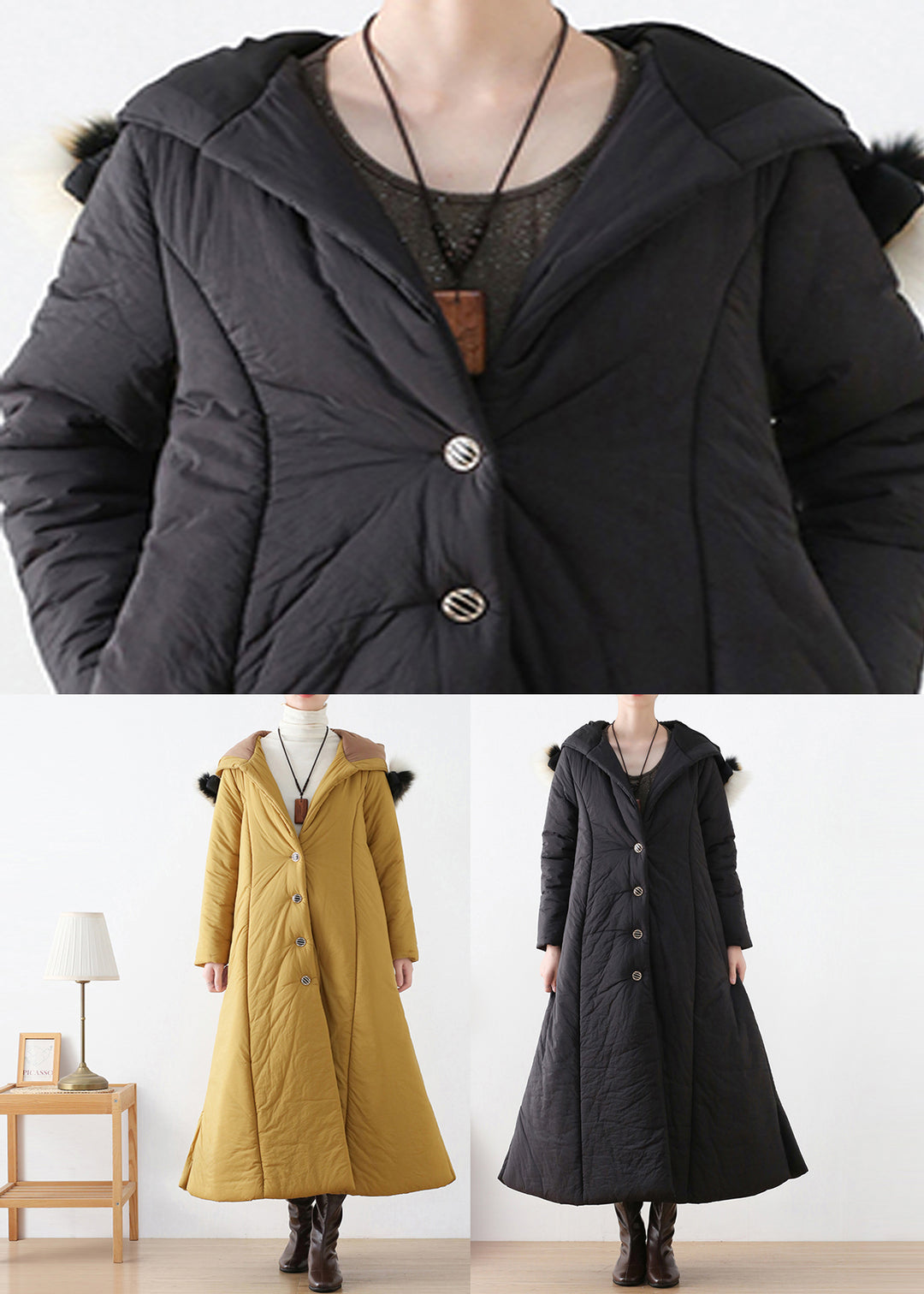 Bohemian Black Button Hooded Long Parka Winter