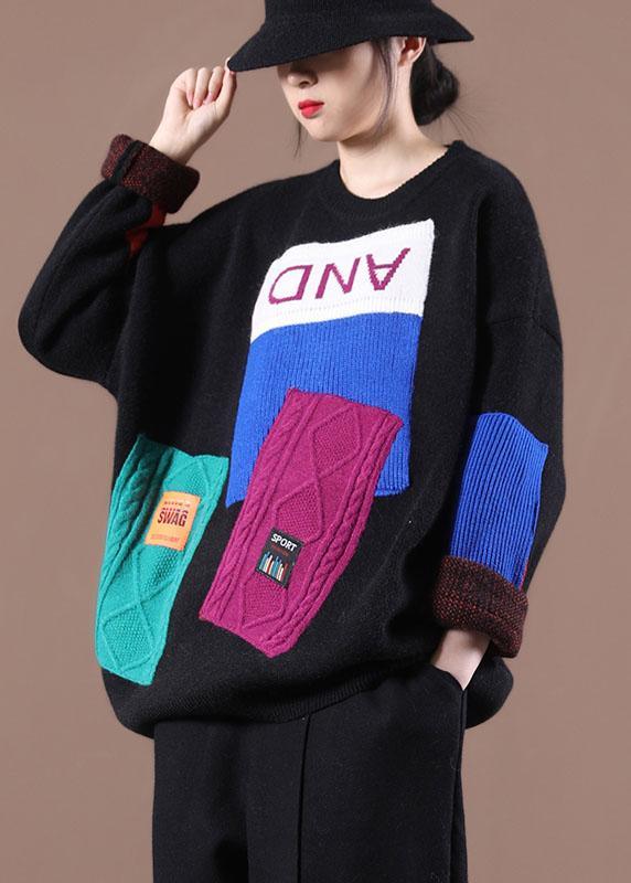 Bohemian Black Colorblock Letter Fall Knit Sweater - Omychic