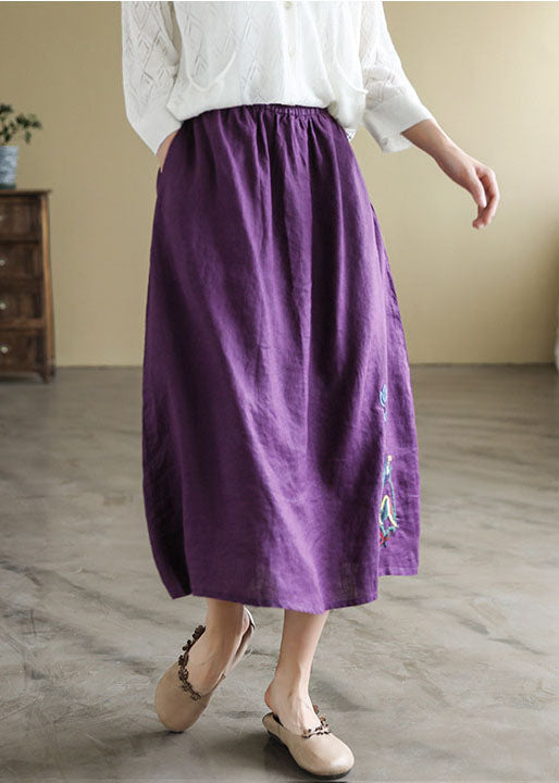 Bohemian Black Elastic Waist Embroideried Linen A Line Skirts Spring
