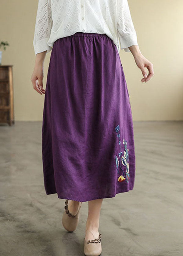 Bohemian Black Elastic Waist Embroideried Linen A Line Skirts Spring