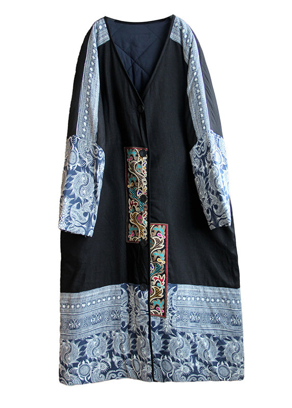 Bohemian Black Embroidered Patchwork Fine Cotton Filled Coat Spring