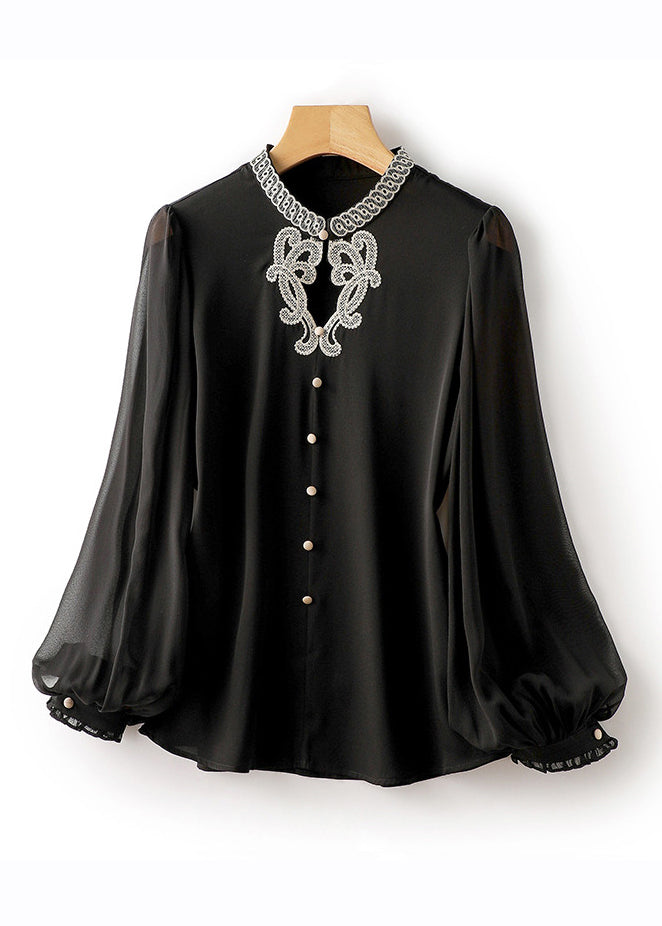 Bohemian Black Embroideried Button Silk Shirts Long Sleeve