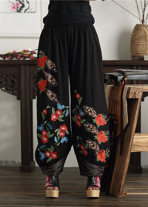Bohemian Black Embroideried Elastic Waist Pockets Cotton Lantern Pants Spring