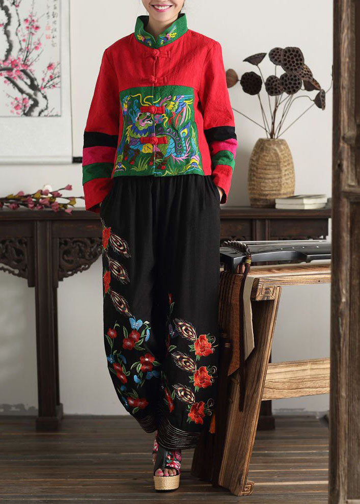 Bohemian Black Embroideried Elastic Waist Pockets Cotton Lantern Pants Spring