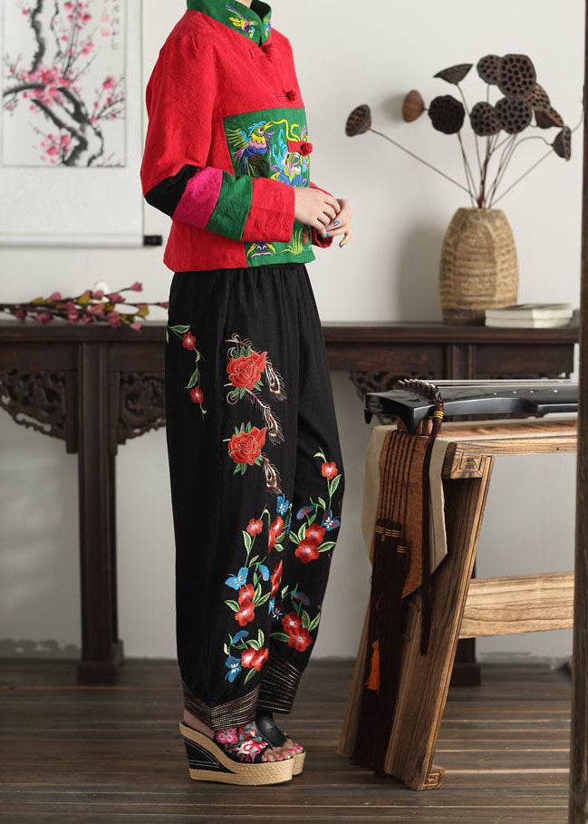 Bohemian Black Embroideried Elastic Waist Pockets Cotton Lantern Pants Spring