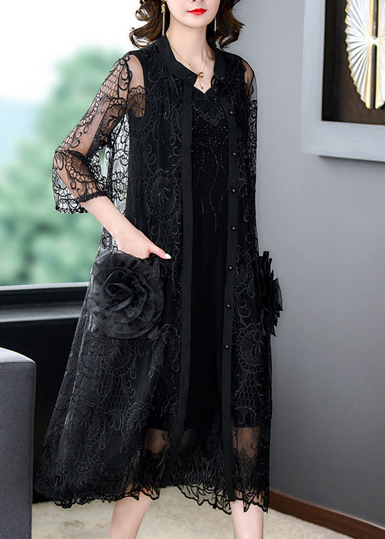 Bohemian Black Embroideried Floral Tulle Long Coats Half Sleeve