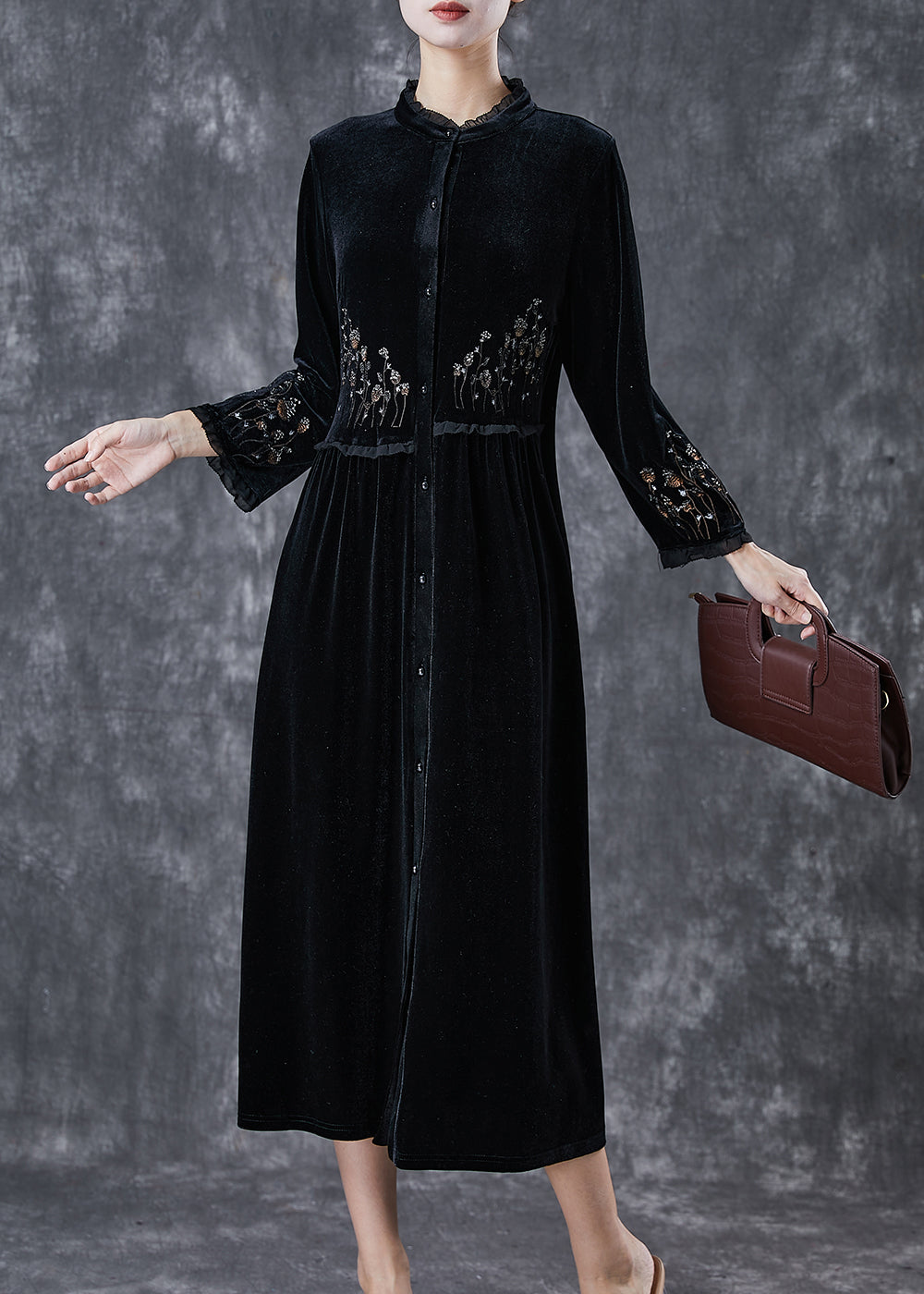 Bohemian Black Embroideried Ruffled Silk Velour Dress Spring