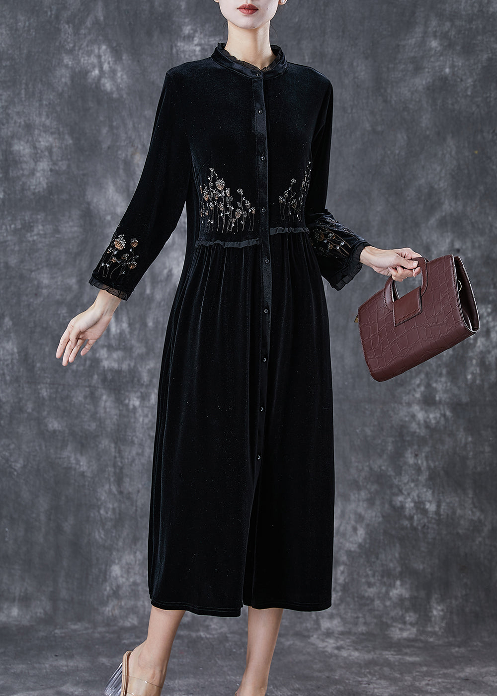 Bohemian Black Embroideried Ruffled Silk Velour Dress Spring