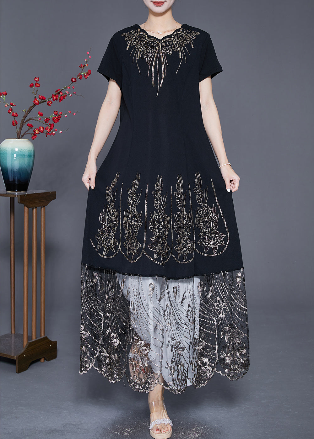 Bohemian Black Embroideried Tulle Patchwork Zircon Cotton Dress Summer