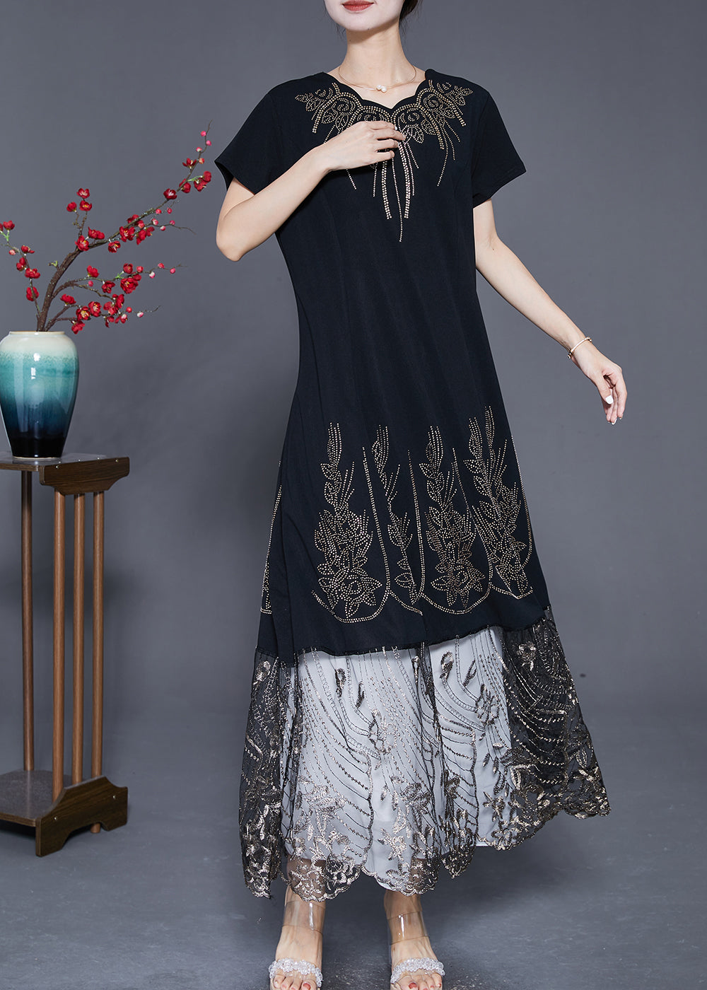 Bohemian Black Embroideried Tulle Patchwork Zircon Cotton Dress Summer