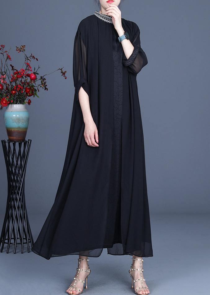 Bohemian Black Embroidery Oversize Maxi Summer Spring Chiffon Dress - Omychic