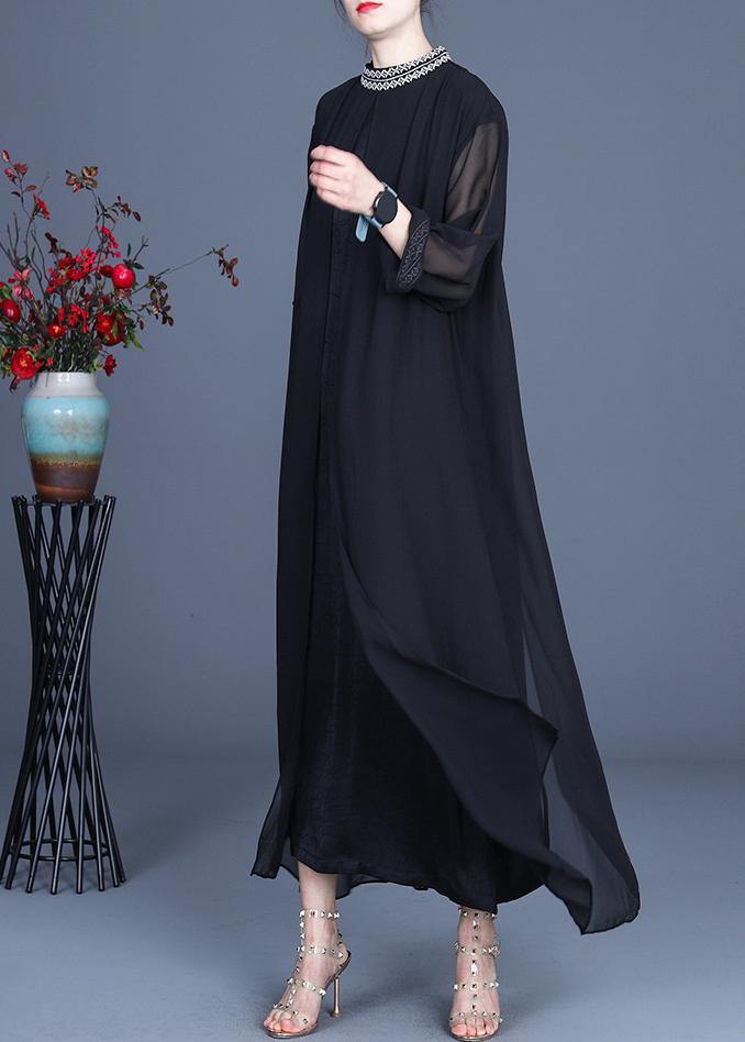 Bohemian Black Embroidery Oversize Maxi Summer Spring Chiffon Dress - Omychic