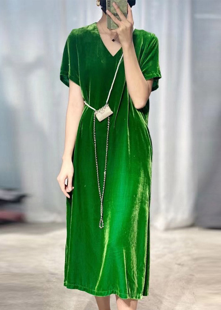 Bohemian Black Green V Neck Silk Velour Long Dresses Short Sleeve