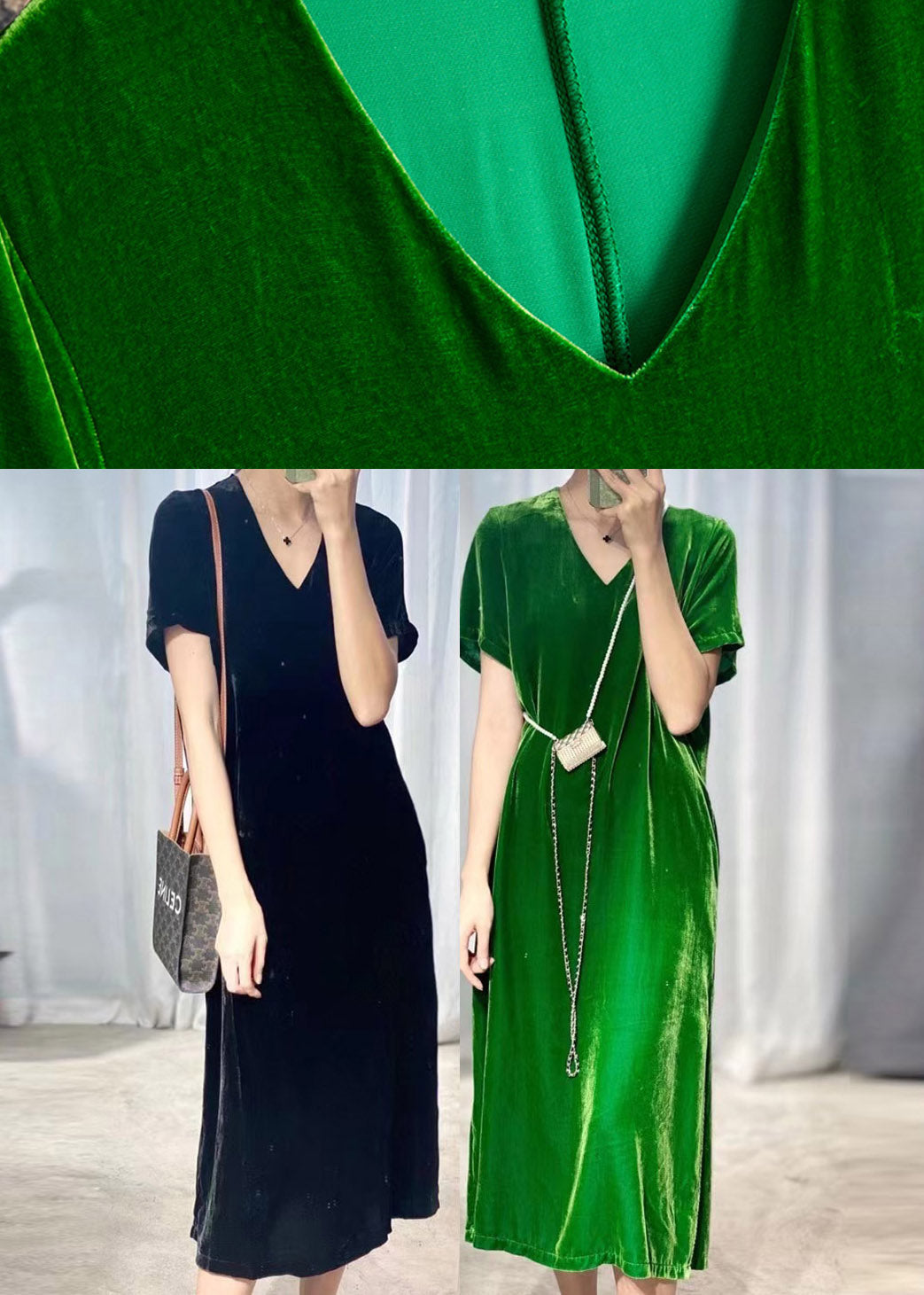 Bohemian Black Green V Neck Silk Velour Long Dresses Short Sleeve