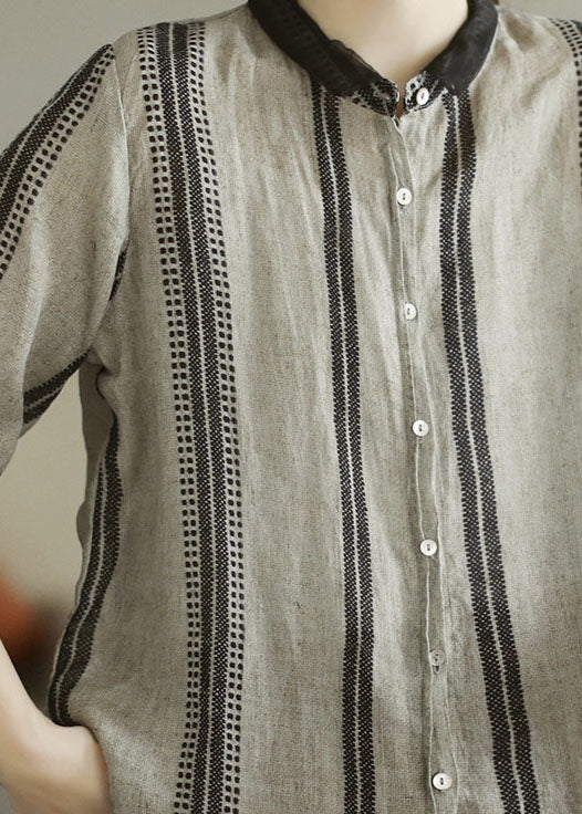 Bohemian Black Grey Peter Pan Collar Print Patchwork Linen Shirt Top Summer
