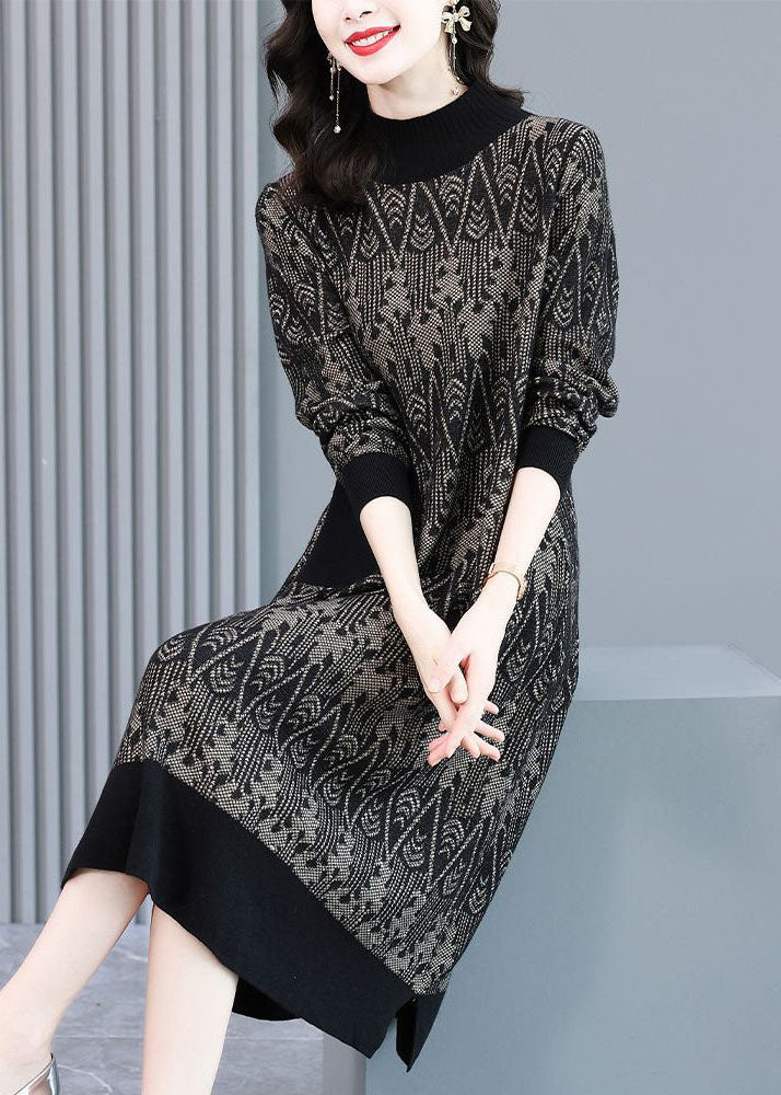 Bohemian Black High Neck Patchwork Jacquard Wool Knit Sweater Dress Winter