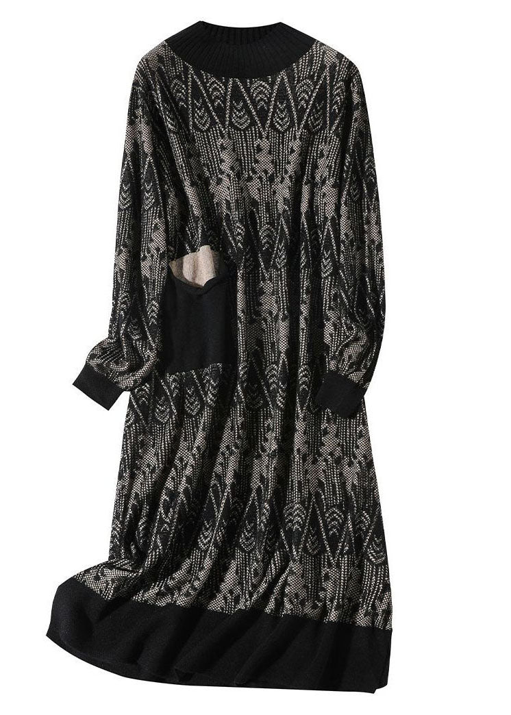 Bohemian Black High Neck Patchwork Jacquard Wool Knit Sweater Dress Winter