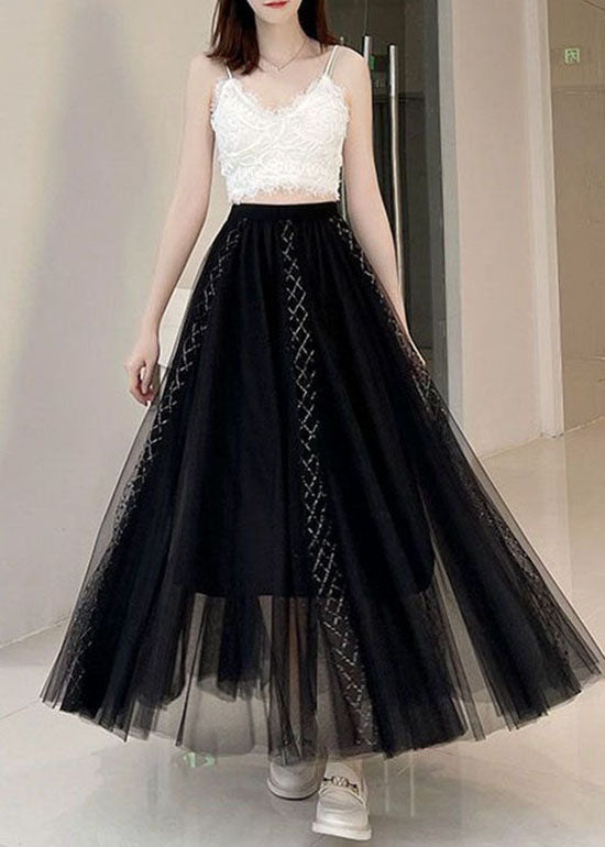 Bohemian Black High Waist Wrinkled Patchwork Tulle Skirts Summer