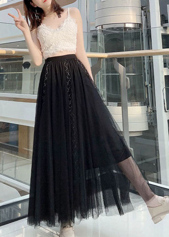 Bohemian Black High Waist Wrinkled Patchwork Tulle Skirts Summer