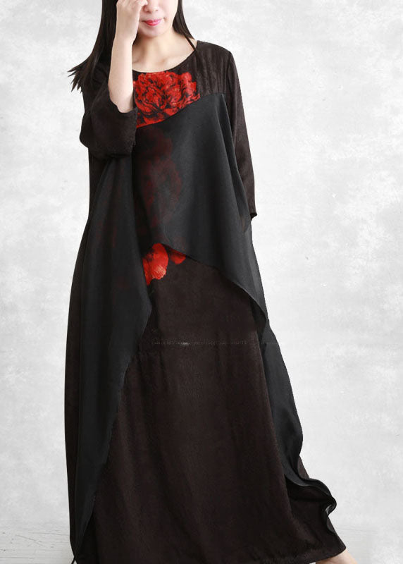 Bohemian Black O-Neck Asymmetrical Floral Print Long Dresses Three Quarter sleeve