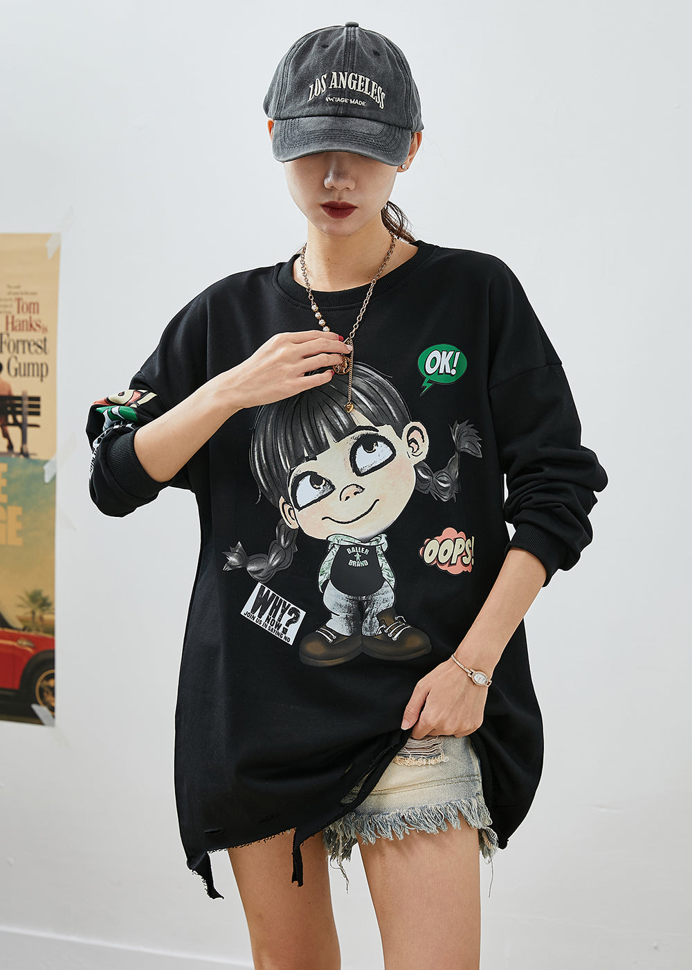 Bohemian Black Oversized Cartoon Print Cotton Ripped Sweatshirts Top Fall