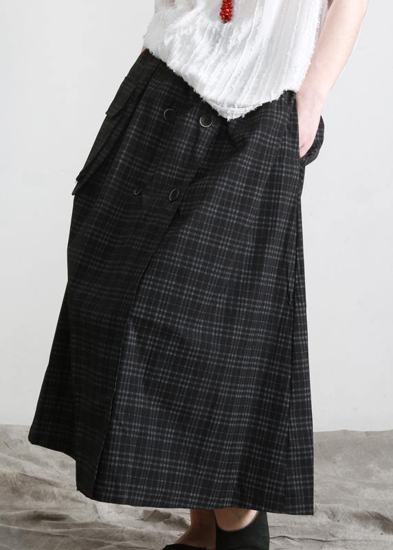 Bohemian Black Plaid Button Pockets Summer Cotton Skirts - Omychic