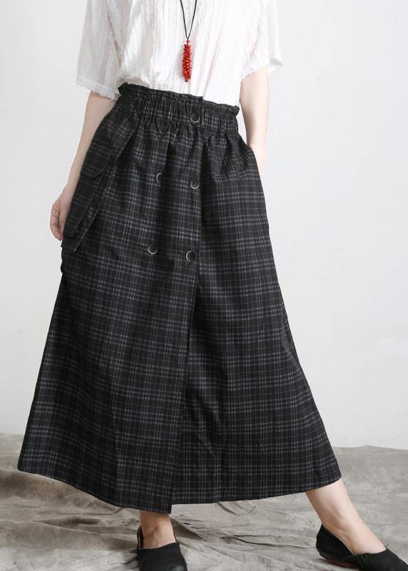 Bohemian Black Plaid Button Pockets Summer Cotton Skirts - Omychic