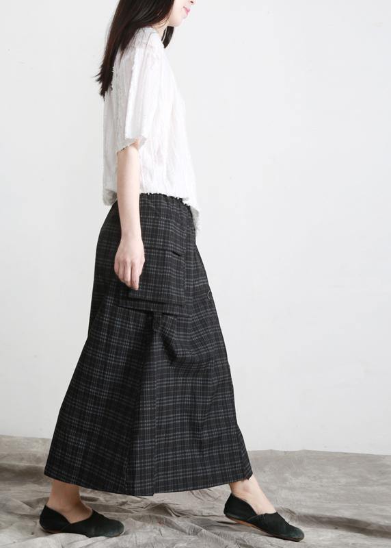 Bohemian Black Plaid Button Pockets Summer Cotton Skirts - Omychic