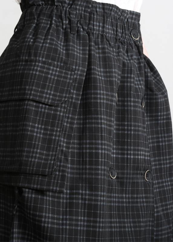 Bohemian Black Plaid Button Pockets Summer Cotton Skirts - Omychic