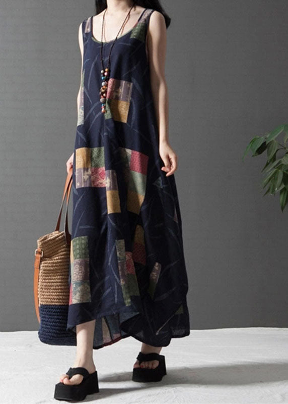 Bohemian Black Print Cotton Vacation Dresses Sleeveless