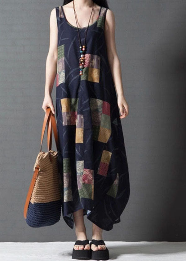 Bohemian Black Print Cotton Vacation Dresses Sleeveless